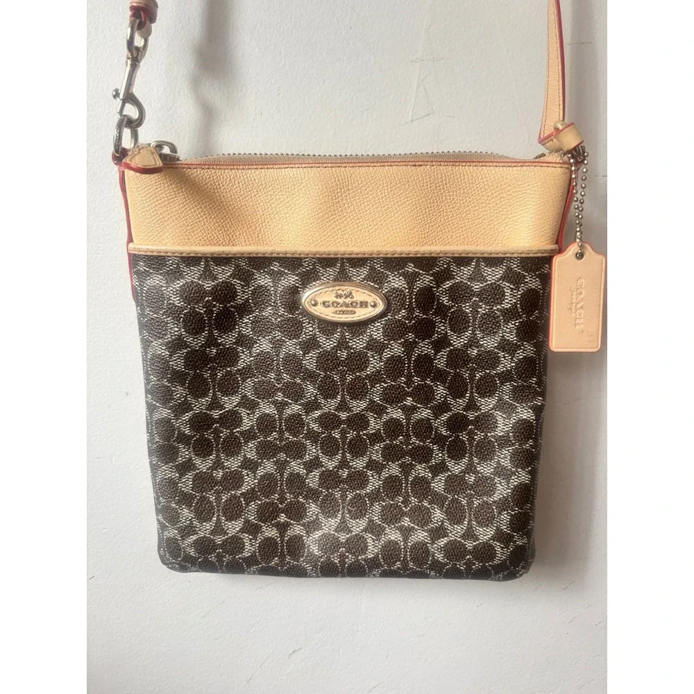 Vintage Coach Courier Crossbody Bag Signature Monogram Tan Leather Brown 53006